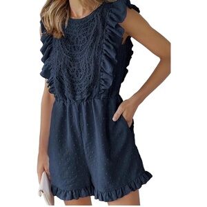 Angashion Navy Swiss Dot Lace Romper XL NWT Pockets Ruffle Boho Summer Vacation